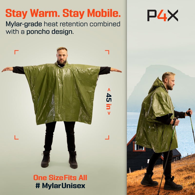 PREPARED4X Emergency Poncho with Mylar Blanket Liner â€“ Heavy Duty, Waterproof, Wind-Resistant Green Rain Poncho for Outdoors, Camping, and Car Emergency Kits - Thermal Poncho - 4 Pack (Camo) - Image 2